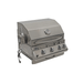 Front angled view of Jackson Grills 3-burner Lux Series gas grill with four control knobs, temperature gauge, and mounted grill light.