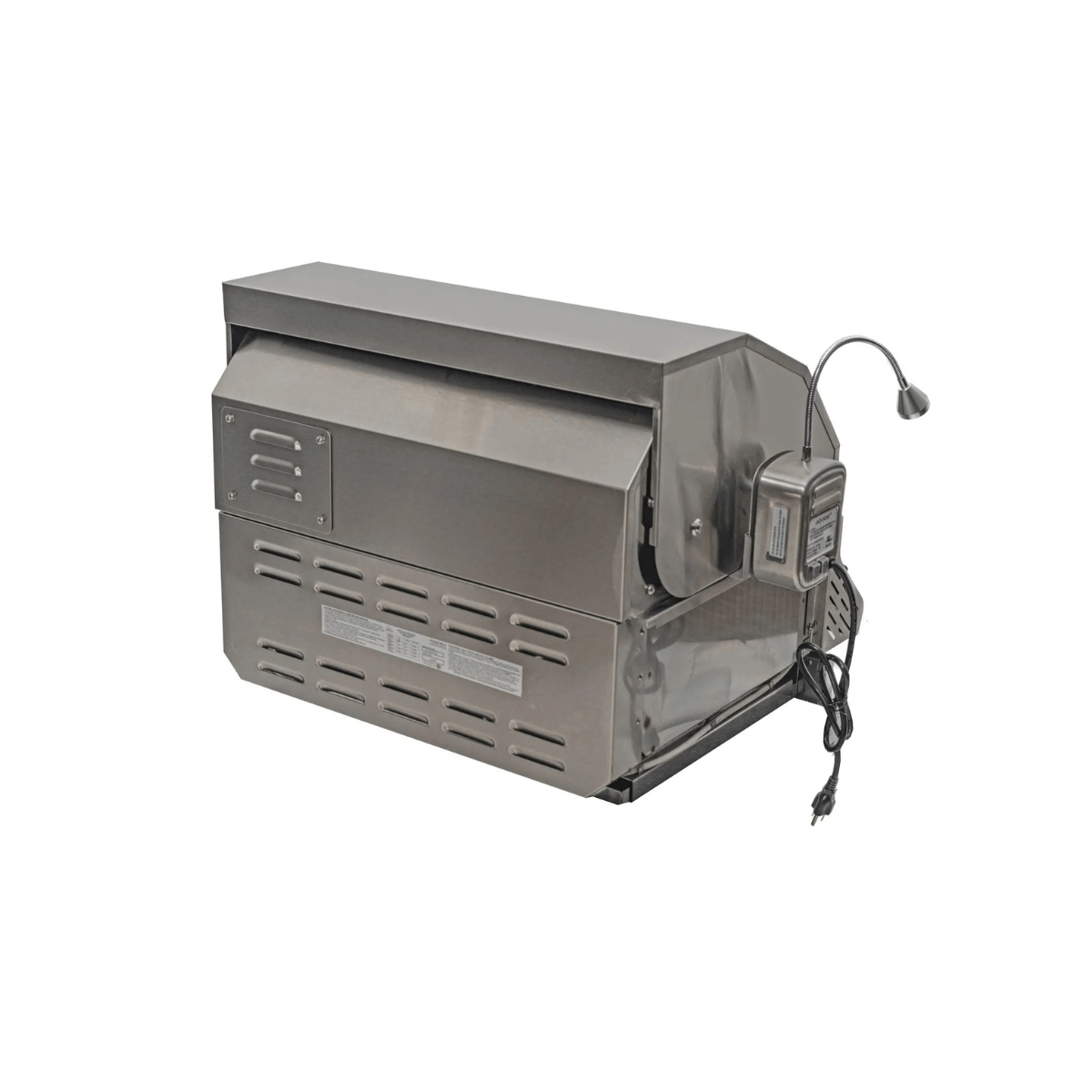 Rear angled view of Jackson Grills 3-burner Lux Series gas grill showing vented stainless steel housing and mounted grill light.