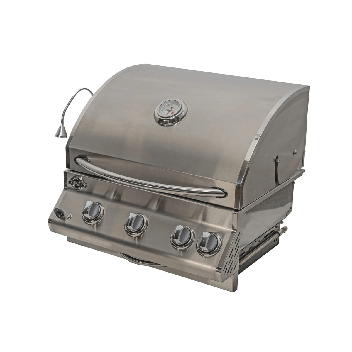 Front angled view of Jackson Grills Supreme 3-burner built-in gas grill with closed lid and four control knobs.