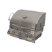 Front angled view of Jackson Grills Supreme 3-burner built-in gas grill with closed lid and four control knobs.
