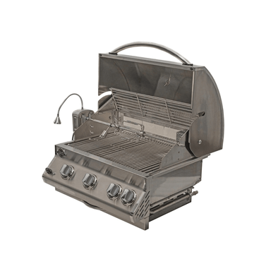 Open view of Jackson Grills Supreme 3-burner built-in gas grill with cooking grates, warming rack, rotisserie system, and interior light.