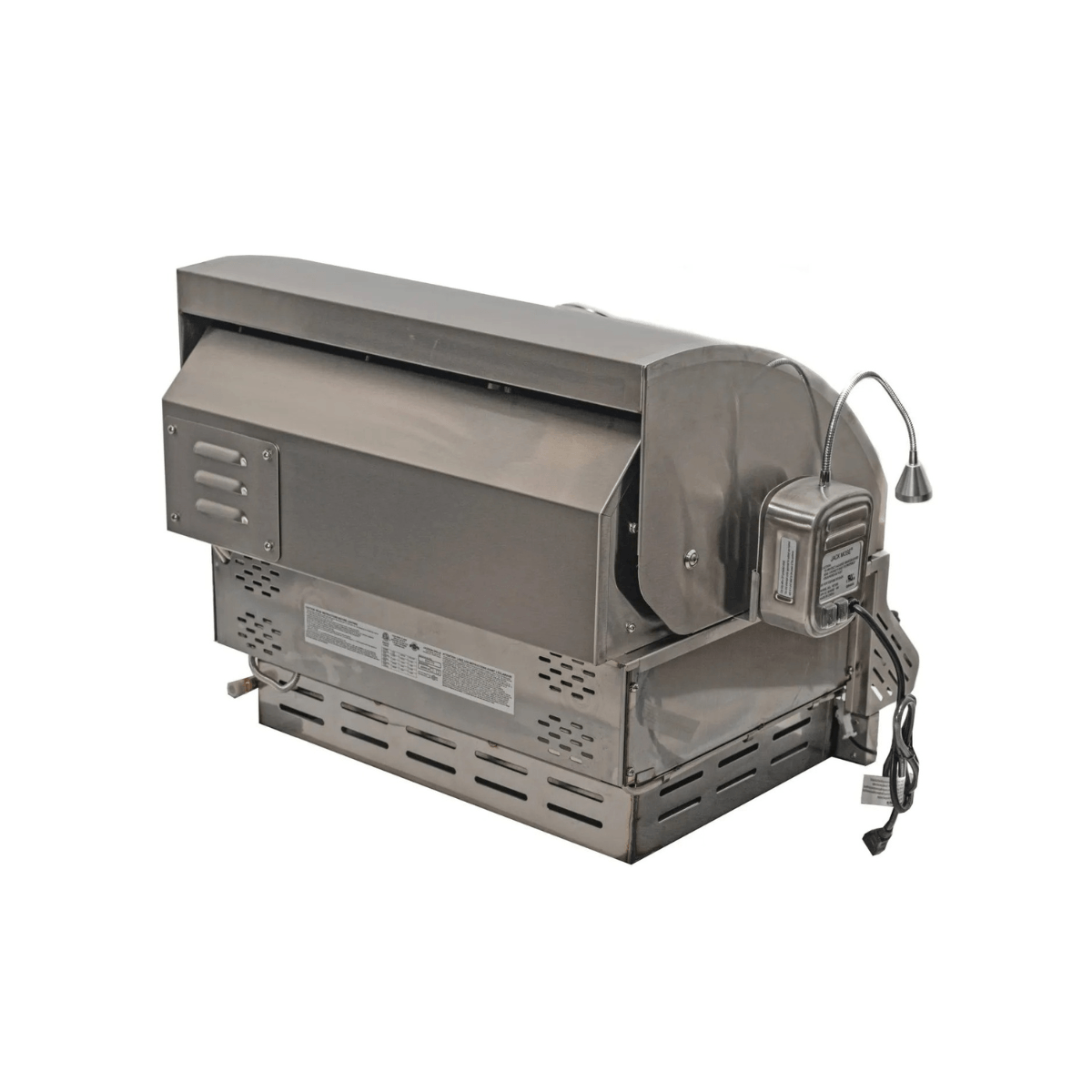 Rear view of Jackson Grills Supreme 3-burner built-in gas grill showing mounted grill light and power cord.