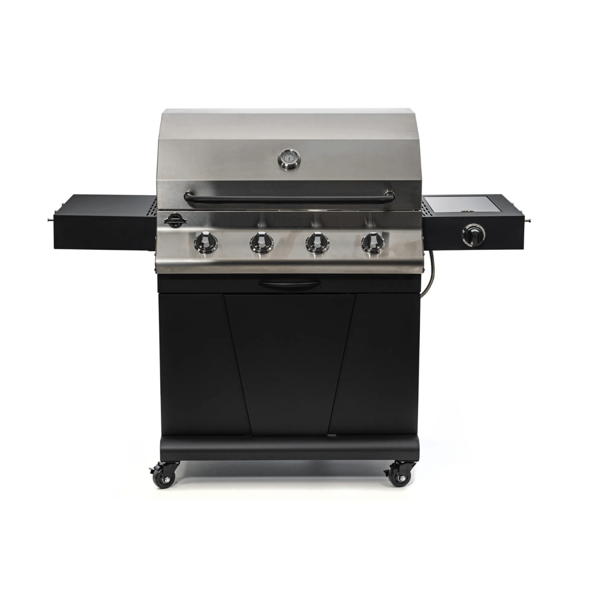 Front view of Jackson Grills 4-burner Keystone Series gas grill with four control knobs, side burner, and enclosed storage cabinet.