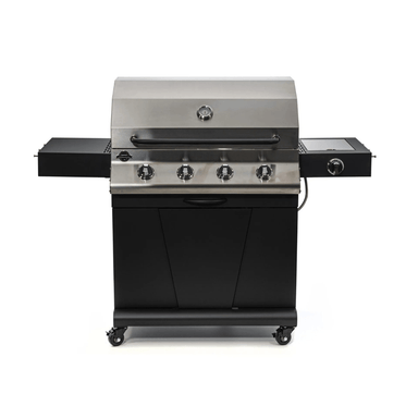 Front view of Jackson Grills 4-burner Keystone Series gas grill with four control knobs, side burner, and enclosed storage cabinet.