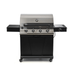 Front view of Jackson Grills 4-burner Keystone Series gas grill with four control knobs, side burner, and enclosed storage cabinet.