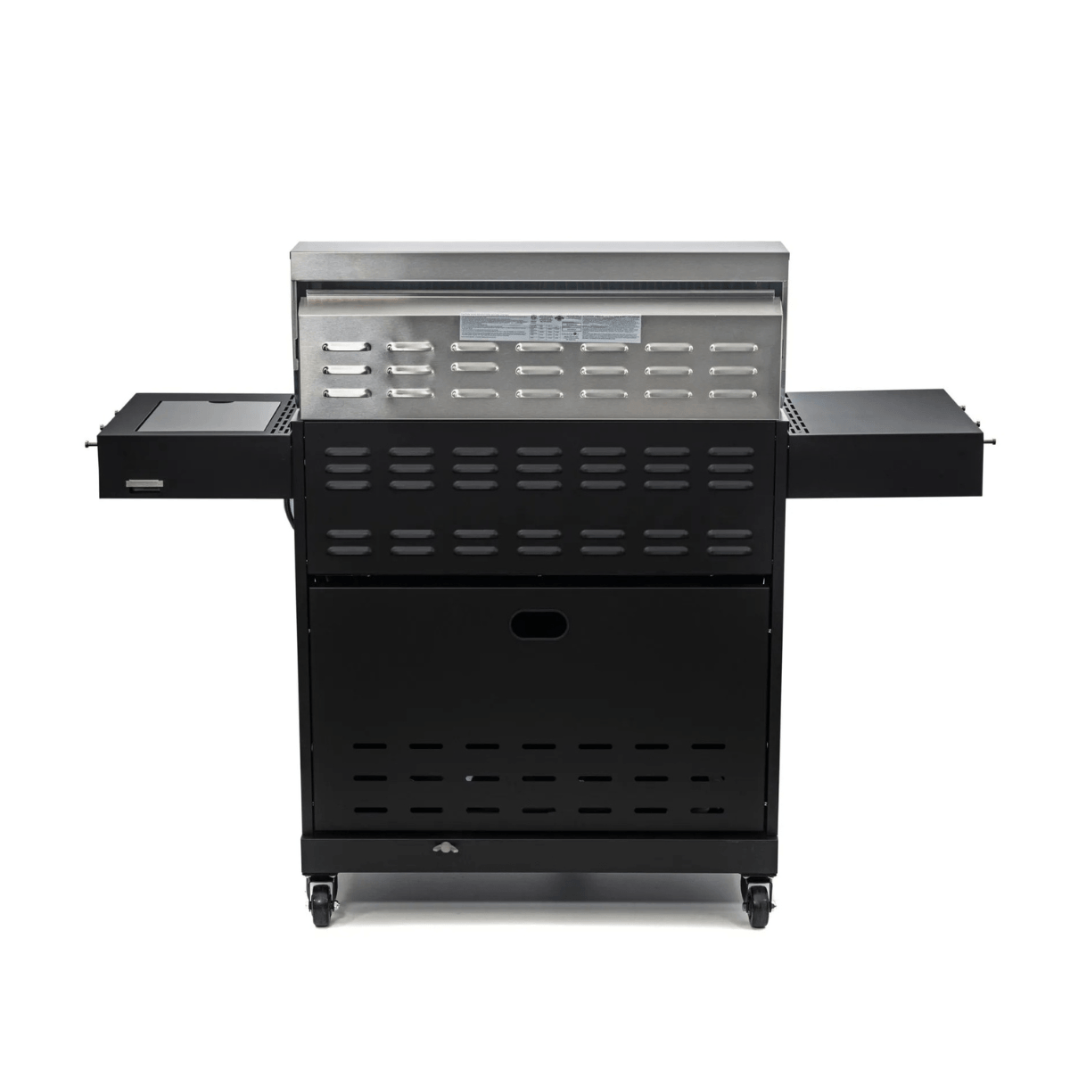 Rear view of Jackson Grills 4-burner Keystone Series gas grill with side shelves and vented cabinet panels.