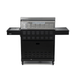 Rear view of Jackson Grills 4-burner Keystone Series gas grill with side shelves and vented cabinet panels.