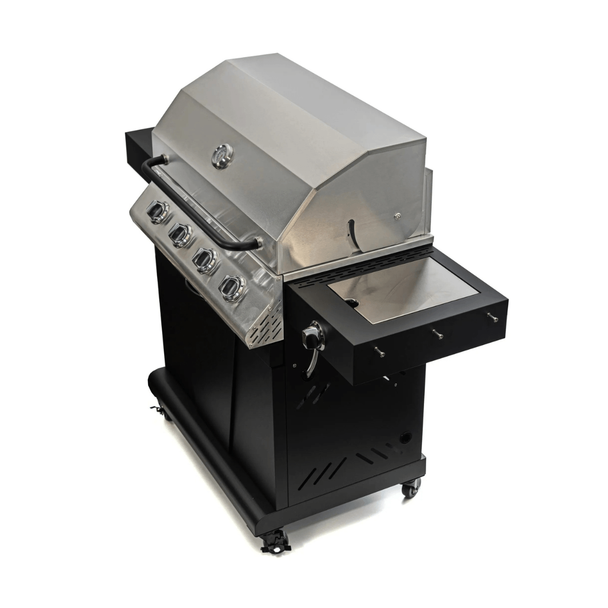 Top angled view of Jackson Grills 4-burner Keystone Series gas grill with closed hood and integrated side burner.