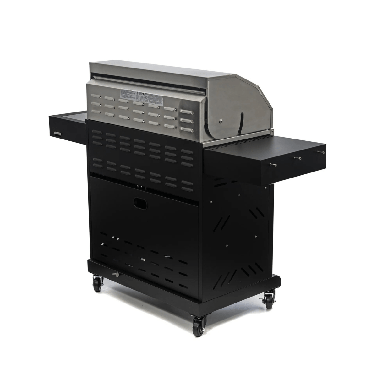 Rear angled view of Jackson Grills 4-burner Keystone Series gas grill with side shelves and wheeled base.
