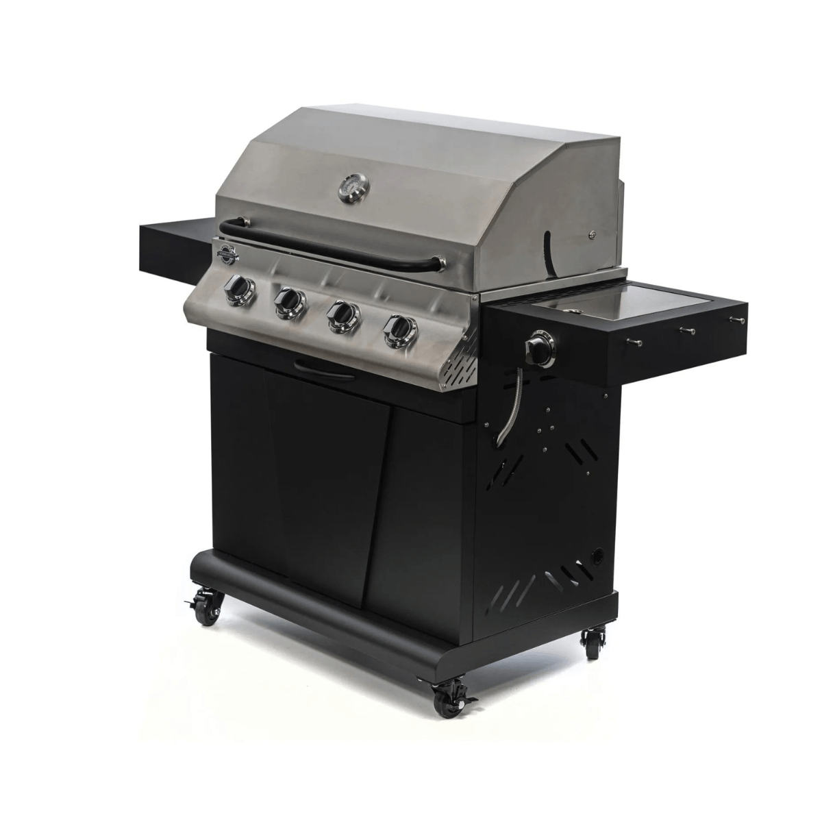 Front angled view of Jackson Grills 4-burner Keystone Series gas grill with closed lid, side burner, and enclosed cabinet.