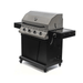 Front angled view of Jackson Grills 4-burner Keystone Series gas grill with closed lid, side burner, and enclosed cabinet.