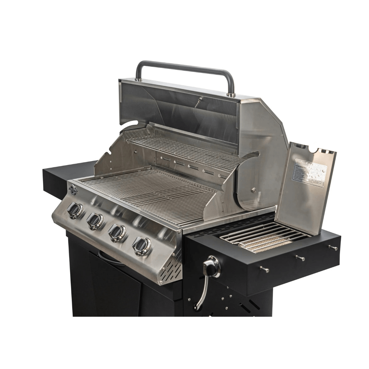 Open view of Jackson Grills 4-burner Keystone Series gas grill showing cooking grates, warming rack, and open side burner.