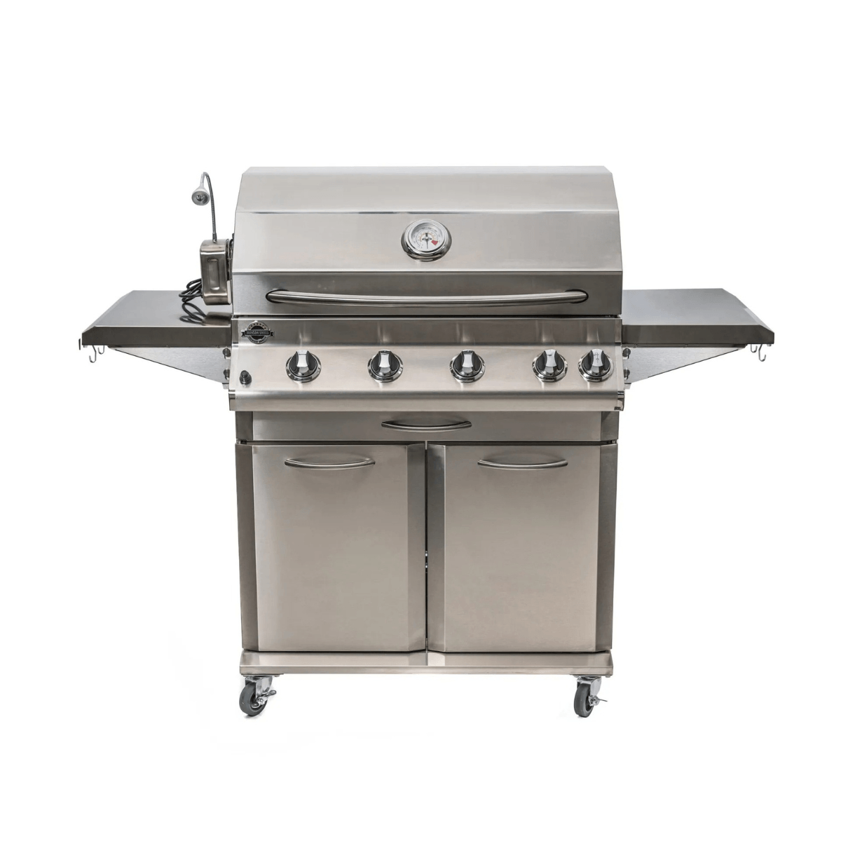 Front view of Jackson Grills 4-burner Lux Series gas grill with side shelves, stainless steel cabinet doors, and integrated grill light.