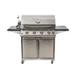 Front view of Jackson Grills 4-burner Lux Series gas grill with side shelves, stainless steel cabinet doors, and integrated grill light.