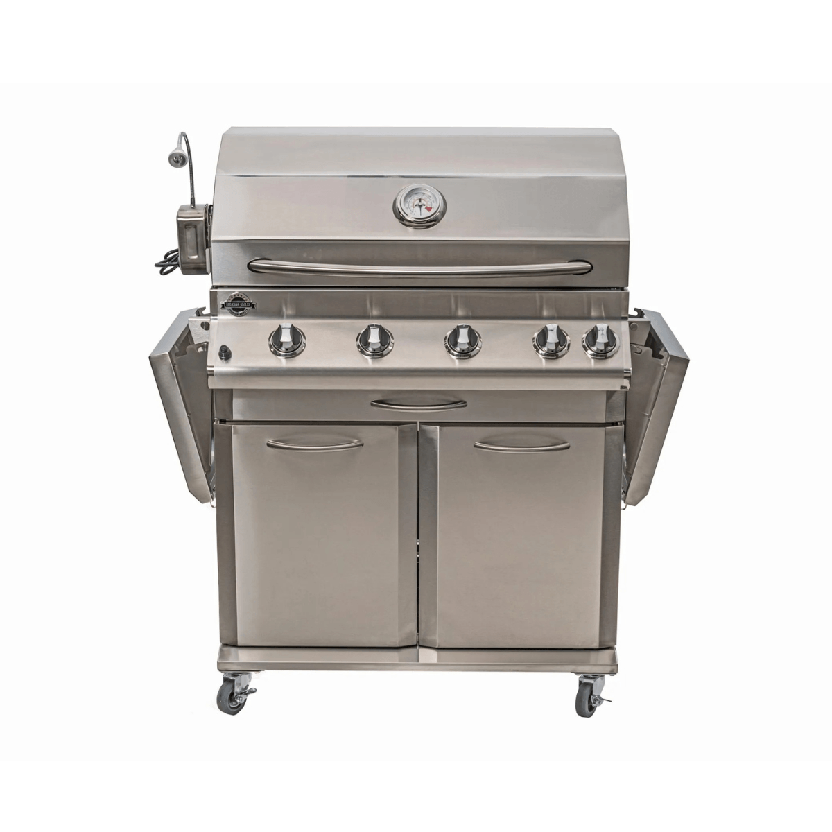 Front view of Jackson Grills 4-burner Lux Series gas grill with folded side shelves, stainless steel finish, and wheeled base.