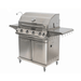 Front angled view of Jackson Grills 4-burner Lux Series gas grill featuring extended side shelves, five control knobs, and enclosed storage cabinet.