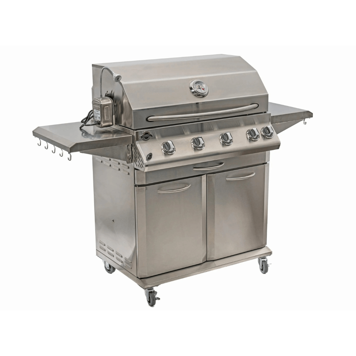 Front side angled view of Jackson Grills 4-burner Lux Series gas grill with stainless steel side shelves, integrated grill light, and cabinet storage.
