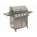 Front side angled view of Jackson Grills 4-burner Lux Series gas grill with stainless steel side shelves, integrated grill light, and cabinet storage.