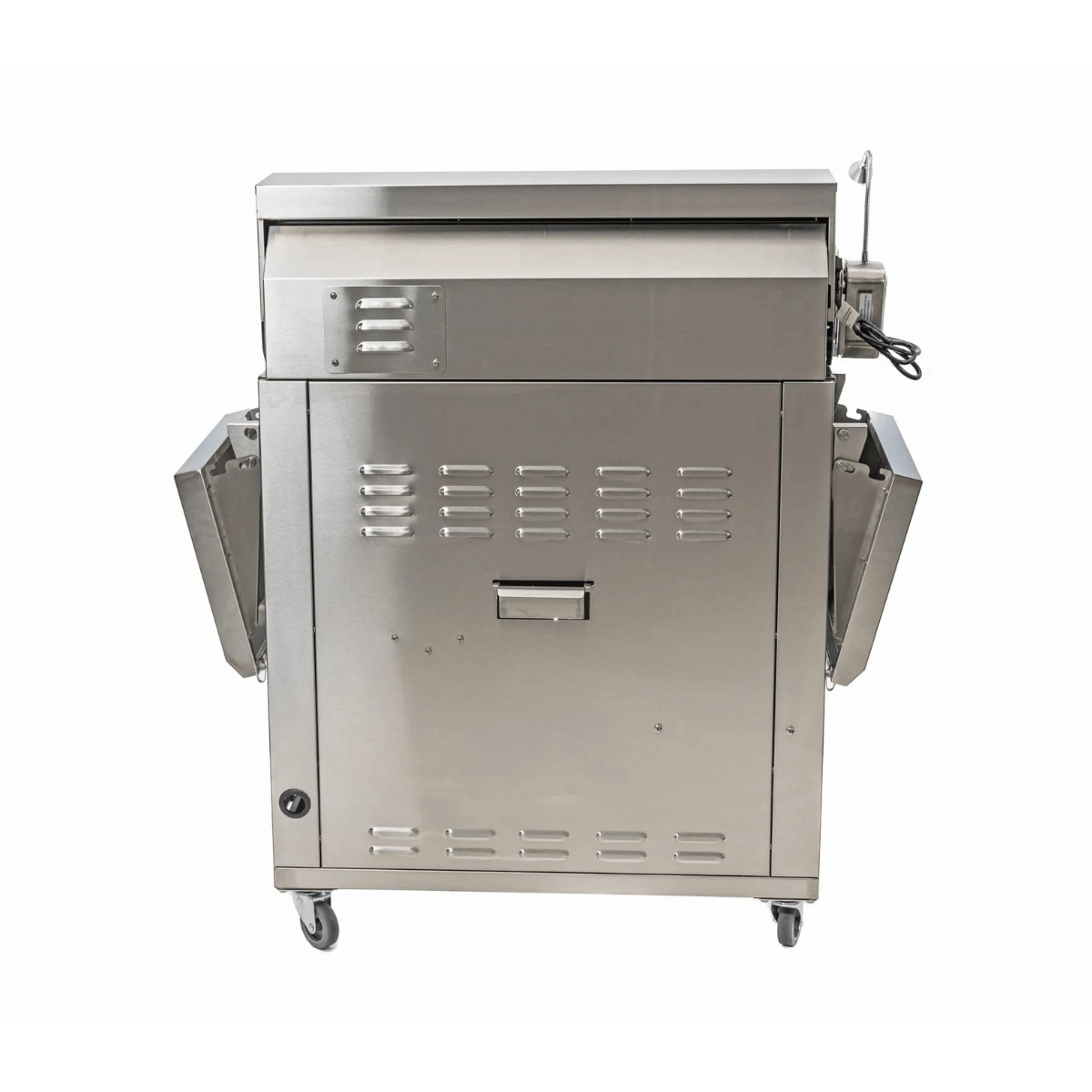 Rear view of Jackson Grills 4-burner Lux Series gas grill showing vented back panel, folded shelves, and wheeled cart base.