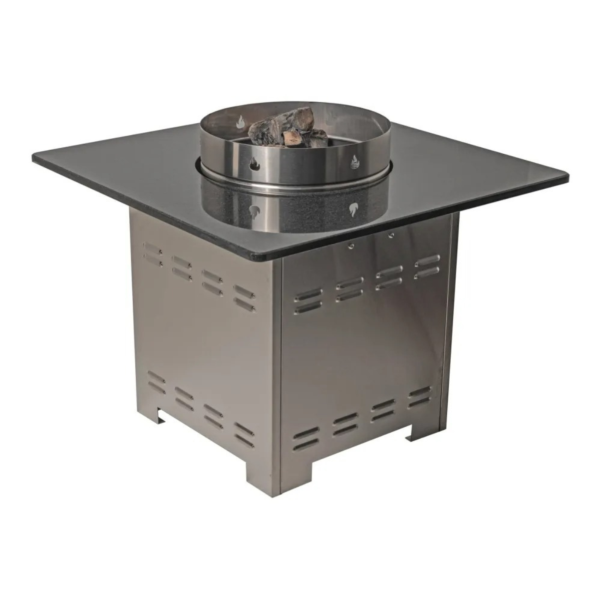 Jackson Grills Mountains West Fire Tall Table with decorative fire media arranged inside the stainless steel burner ring.