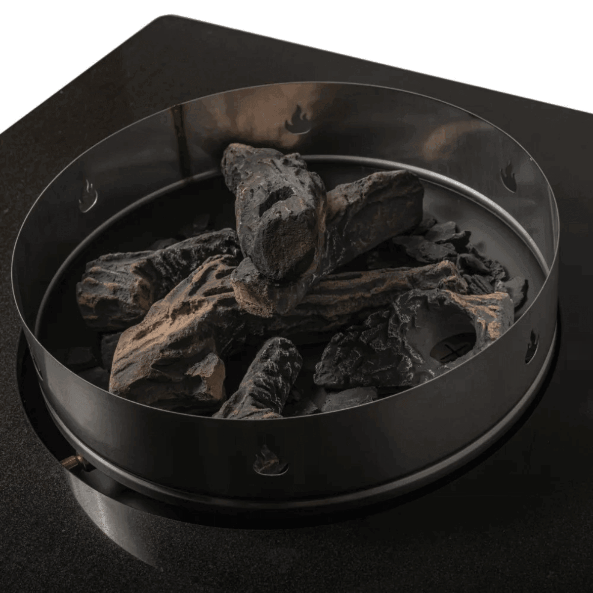 Jackson Grills Mountains West Fire Tall Table close-up of decorative fire media and stainless steel burner insert.