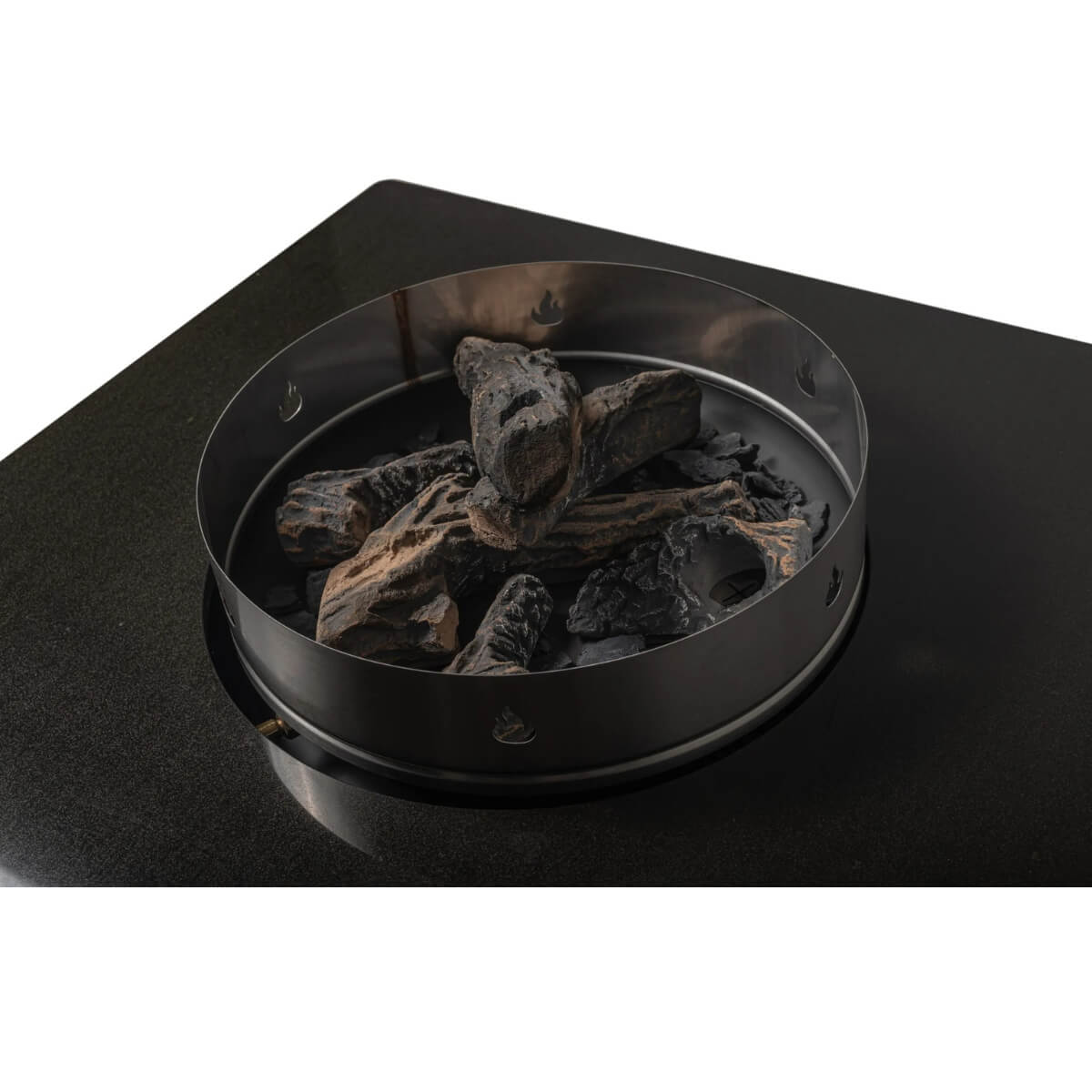 Jackson Grills Mountains West Fire Coffee Table close-up of decorative fire media and stainless steel burner insert.