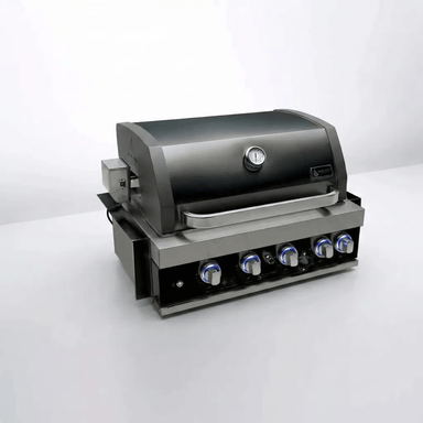 Angled view of the Mont Alpi 32-Inch Black Stainless Steel Built-In Grill featuring black stainless steel hood, stainless steel body, and illuminated control panel.
