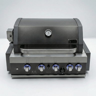 Front view of the Mont Alpi 32-Inch Black Stainless Steel Built-In Grill with closed hood, built-in temperature gauge, and blue LED illuminated control knobs.