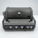 Front view of the Mont Alpi 32-Inch Black Stainless Steel Built-In Grill with closed hood, built-in temperature gauge, and blue LED illuminated control knobs.