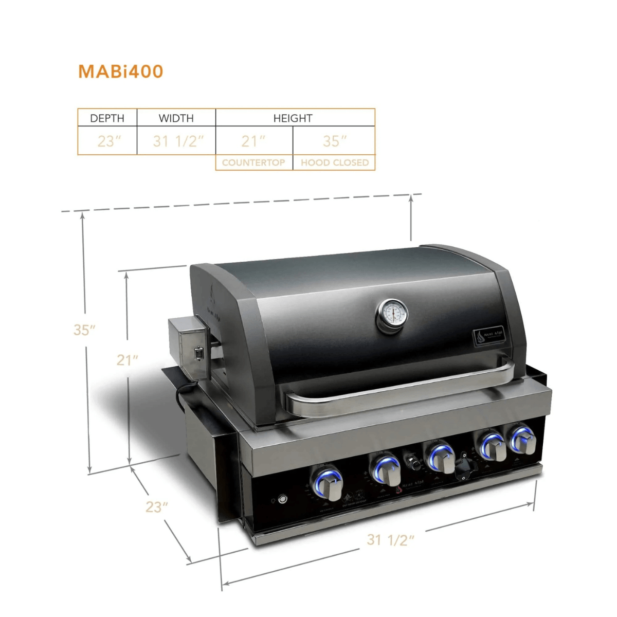 Dimension diagram of the Mont Alpi 32-Inch Black Stainless Steel Built-In Grill showing 31.5-inch width, 23-inch depth, 21-inch countertop height, and 35-inch hood-open height.