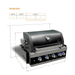 Dimension diagram of the Mont Alpi 32-Inch Black Stainless Steel Built-In Grill showing 31.5-inch width, 23-inch depth, 21-inch countertop height, and 35-inch hood-open height.