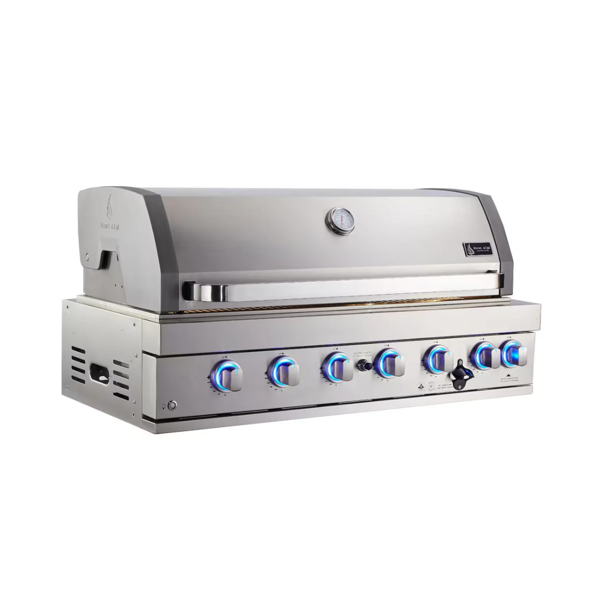 Angled view of the Mont Alpi 32-Inch Built-In Grill with stainless steel construction, temperature gauge, and blue LED illuminated control knobs.