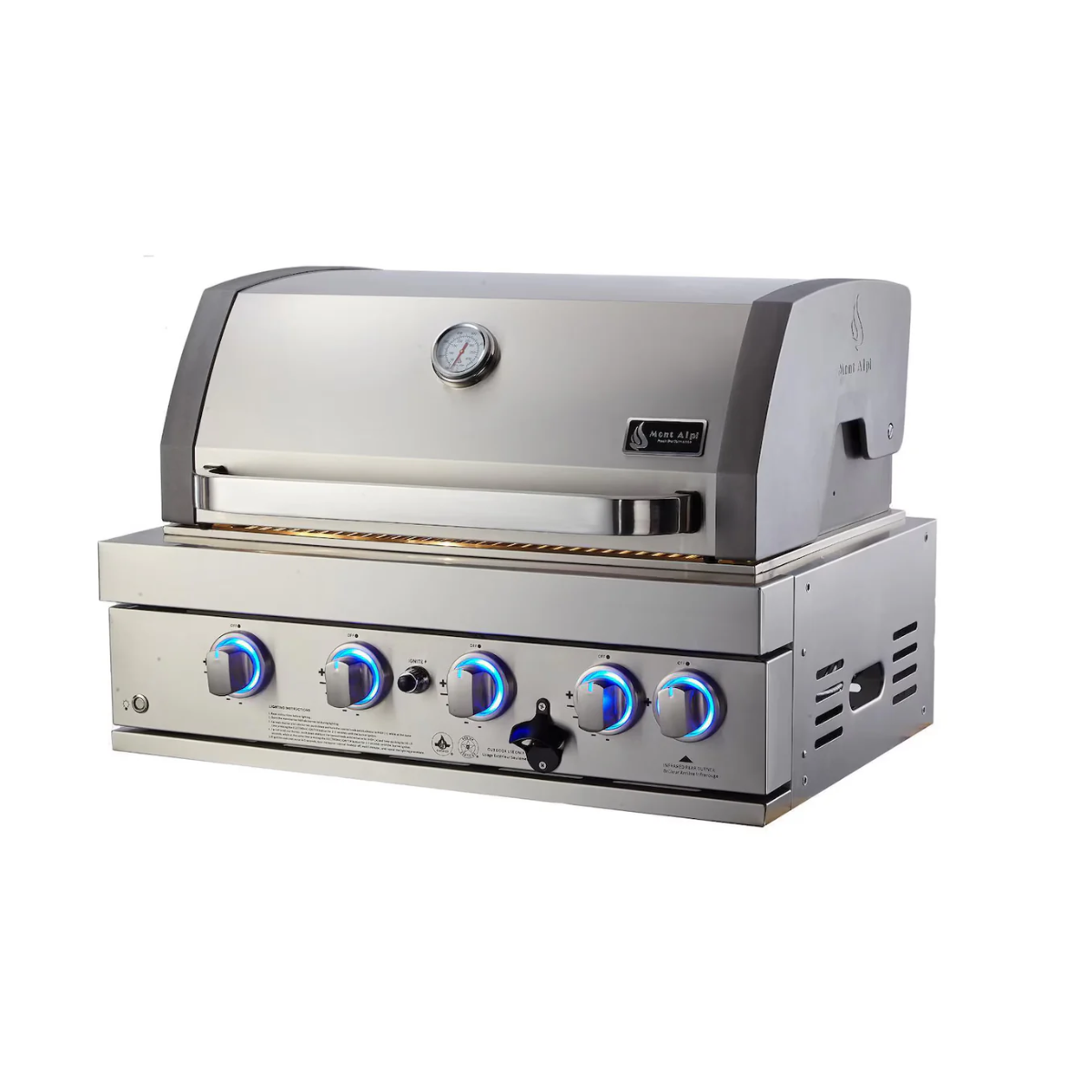 Front angled view of the Mont Alpi 32-Inch Built-In Grill featuring four burners, stainless steel hood, and illuminated control panel.