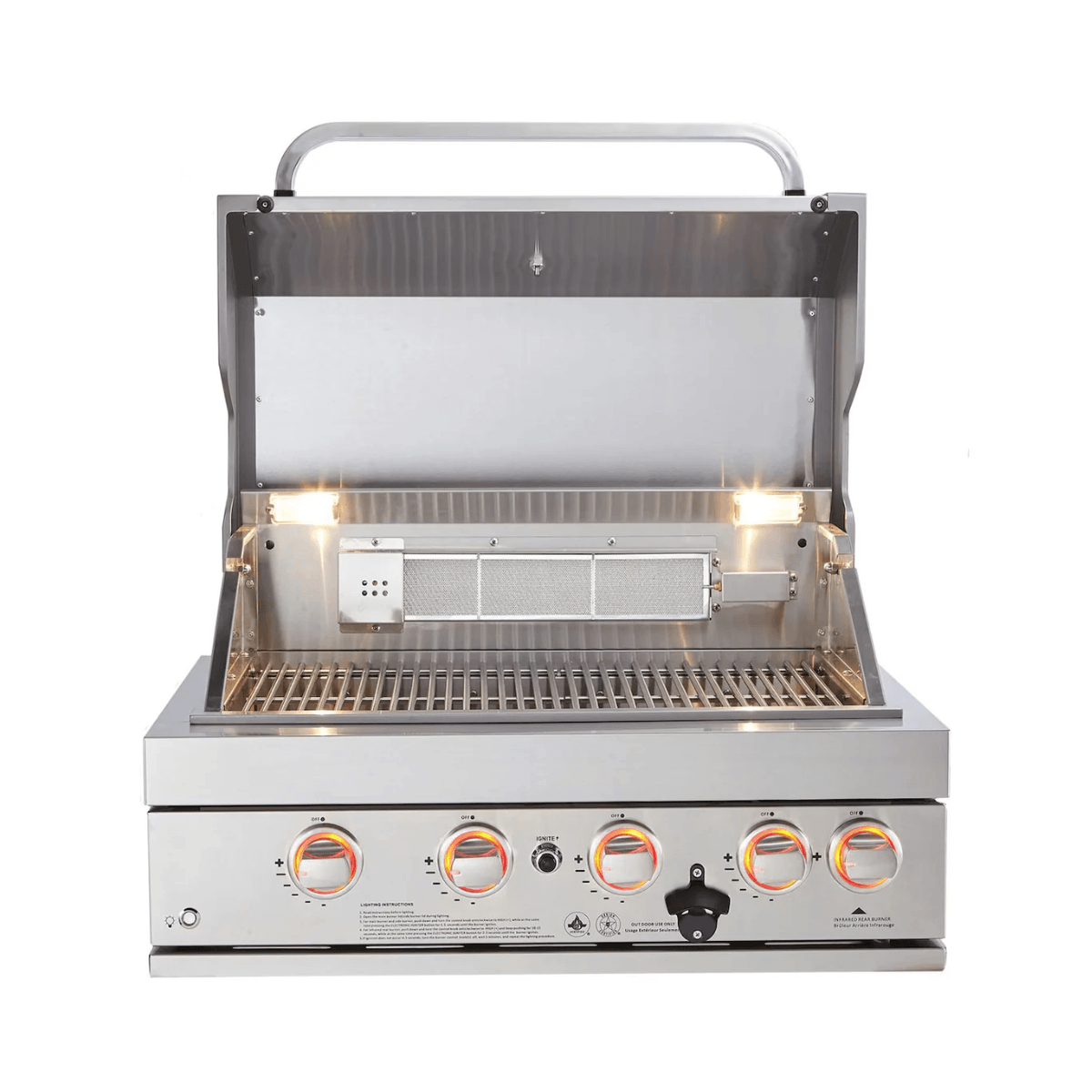 Mont Alpi 32-Inch Built-In Grill with hood open, showcasing cooking grates, infrared rear burner, rotisserie system, and interior lighting.