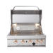 Mont Alpi 32-Inch Built-In Grill with hood open, showcasing cooking grates, infrared rear burner, rotisserie system, and interior lighting.