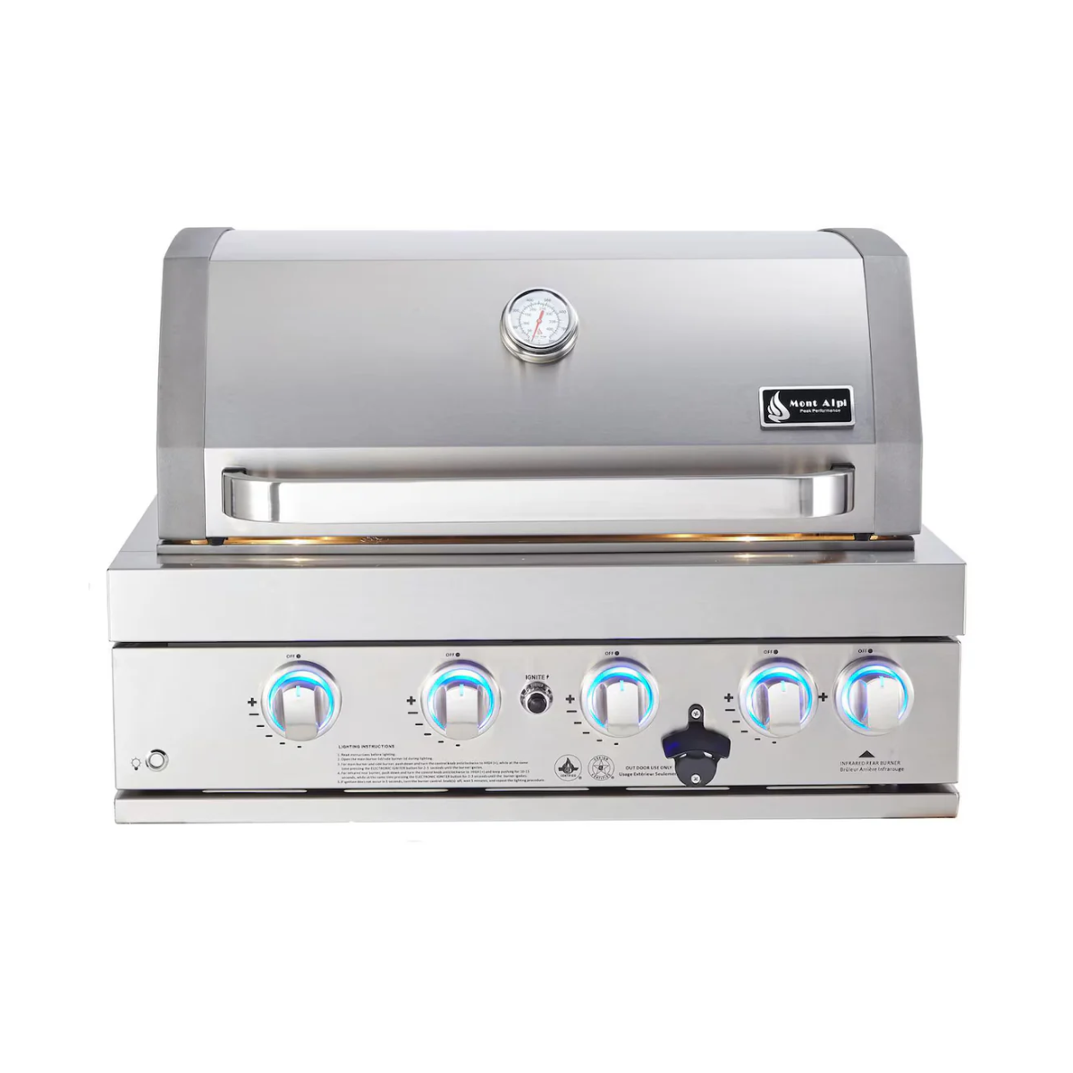 Front view of the Mont Alpi 32-Inch Built-In Grill with closed hood, built-in temperature gauge, and blue LED control knobs.