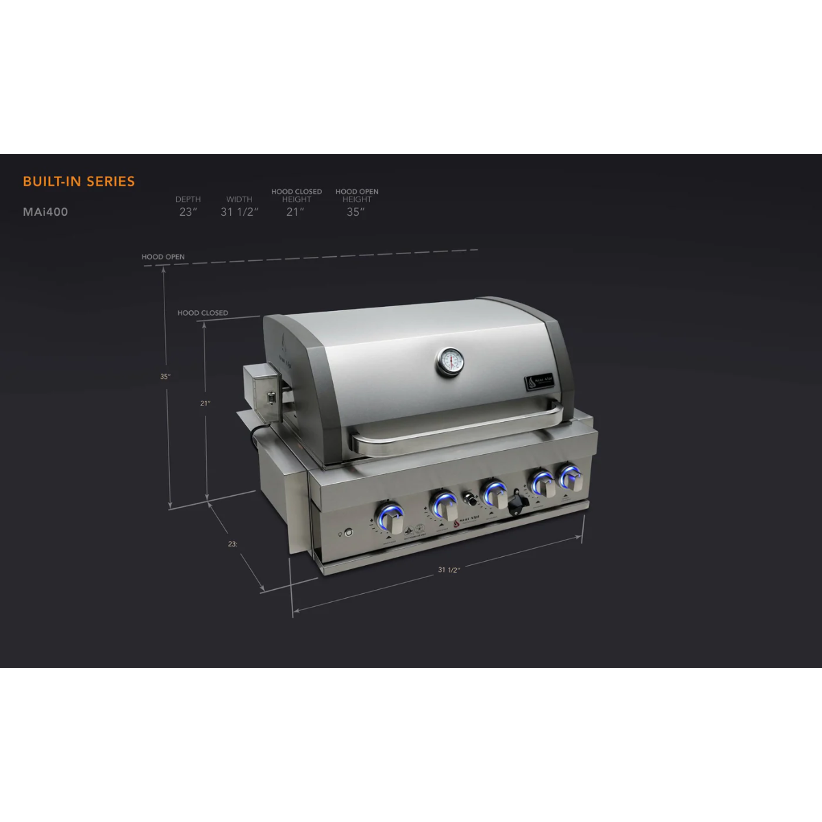 Mont Alpi 32-Inch Built-In Grill dimension diagram showing width, depth, hood-closed height, and hood-open clearance measurements.