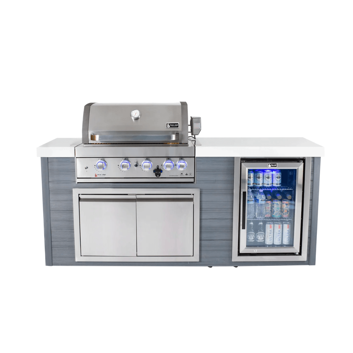 Front view of the Mont Alpi 4-Burner Stainless Steel Art-wood Outdoor Island Grill featuring four burners, blue LED control knobs, double-door storage cabinet, and glass-front beverage cooler.