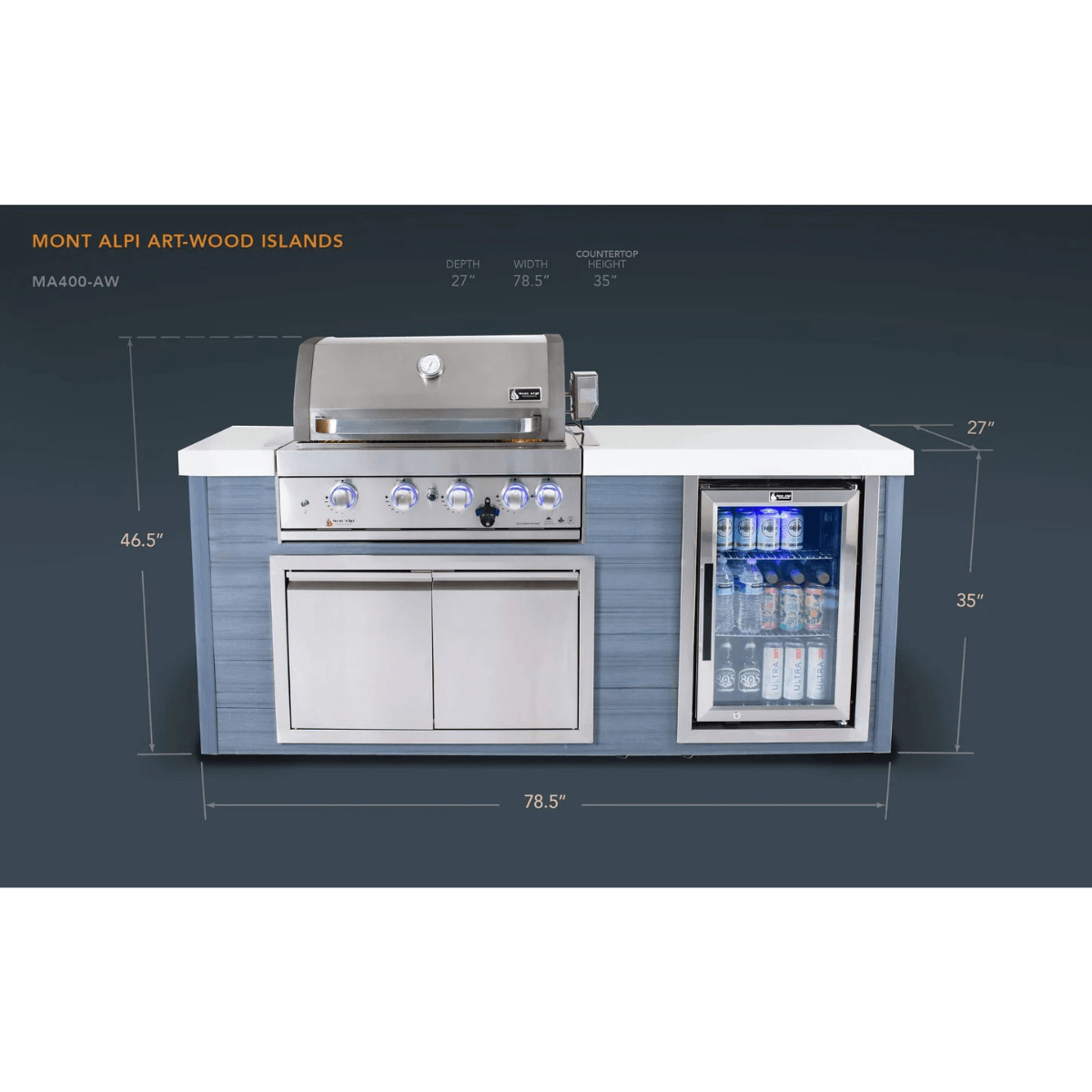 Dimension diagram of the Mont Alpi 4-Burner Stainless Steel Art-wood Outdoor Island Grill showing overall width, depth, height, and countertop measurements.