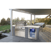 Mont Alpi 4-Burner Stainless Steel Art-wood Outdoor Island Grill installed in a covered outdoor dining area with modern patio seating and built-in refrigeration.