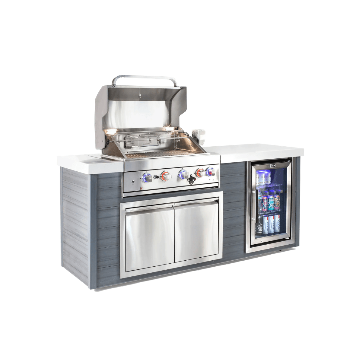Mont Alpi 4-Burner Stainless Steel Art-wood Outdoor Island Grill with open hood, infrared rotisserie system, illuminated control knobs, storage cabinet, and built-in beverage fridge.