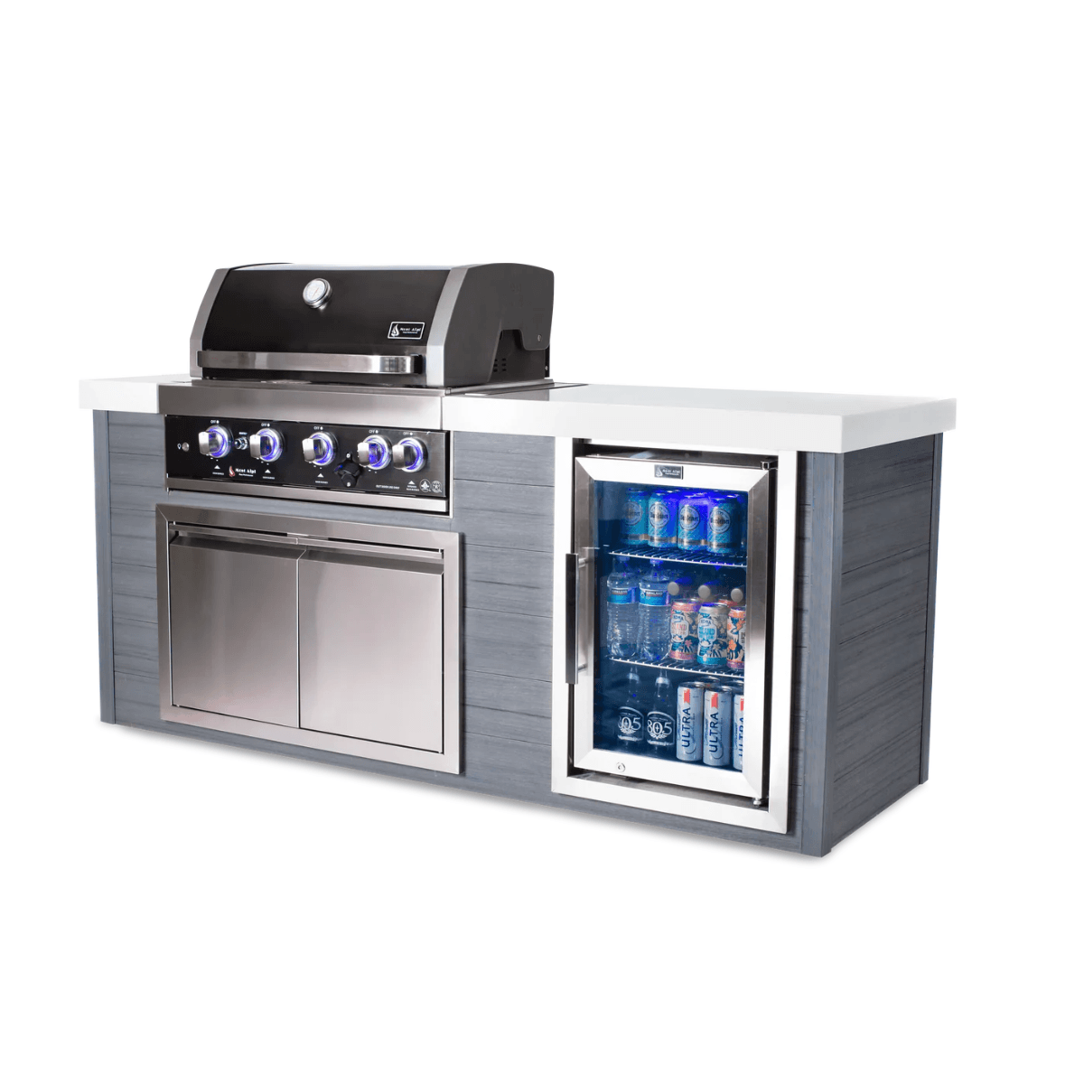 Three-quarter view of the Mont Alpi 4-Burner Black Stainless Steel Art-wood Outdoor Island Grill with grey art-wood panels, white countertop, illuminated knobs, and integrated refrigerator.