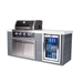 Three-quarter view of the Mont Alpi 4-Burner Black Stainless Steel Art-wood Outdoor Island Grill with grey art-wood panels, white countertop, illuminated knobs, and integrated refrigerator.