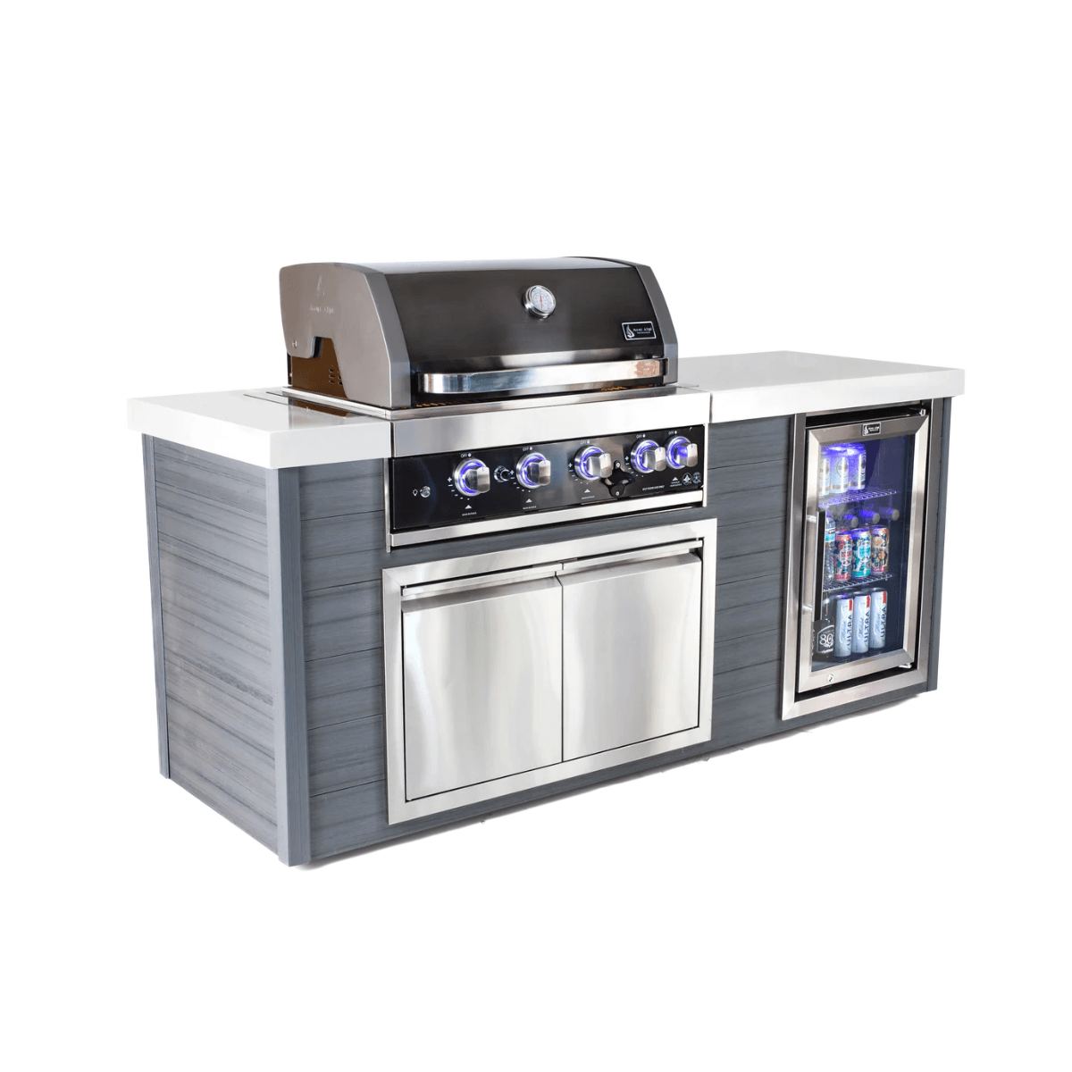 Angled front view of the Mont Alpi 4-Burner Black Stainless Steel Art-wood Outdoor Island Grill showcasing the black stainless steel grill, LED-lit controls, storage cabinet, and glass-door beverage cooler.