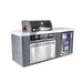 Angled front view of the Mont Alpi 4-Burner Black Stainless Steel Art-wood Outdoor Island Grill showcasing the black stainless steel grill, LED-lit controls, storage cabinet, and glass-door beverage cooler.