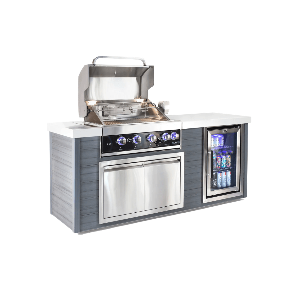 Mont Alpi 4-Burner Black Stainless Steel Art-wood Outdoor Island Grill with open hood, infrared rotisserie system, illuminated blue control knobs, double-door storage cabinet, and built-in beverage refrigerator.
