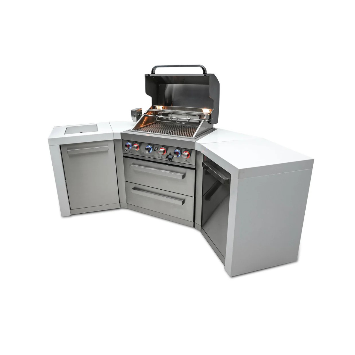 Open-lid view of the Mont Alpi 400 Deluxe Island with 45-degree corner sections, featuring a stainless steel gas grill, rotisserie system, storage drawers, and side cabinets.