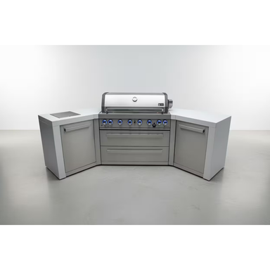 Front view of the Mont Alpi 400 Deluxe Island with closed grill hood, blue LED control knobs, dual 45-degree corner worktops, and integrated storage cabinets.
