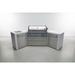 Front view of the Mont Alpi 400 Deluxe Island with closed grill hood, blue LED control knobs, dual 45-degree corner worktops, and integrated storage cabinets.