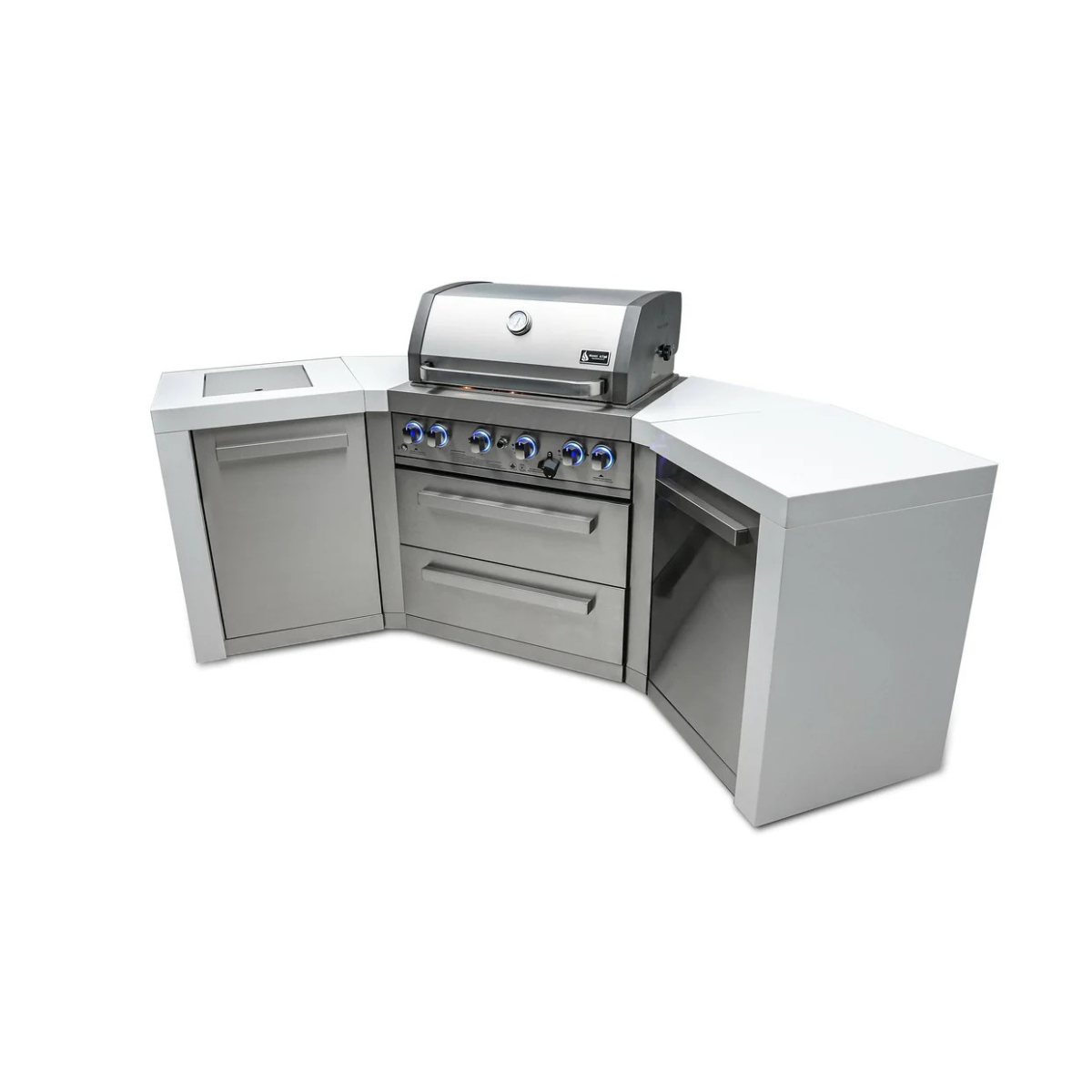 Angled view of the outdoor kitchen island showcasing the stainless steel grill, storage drawers, side cabinets, and 45-degree corner countertop design.
